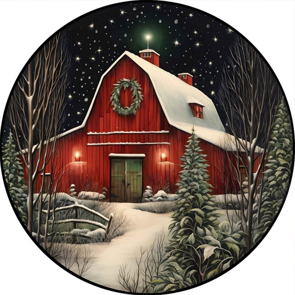 Christmas Snow Red House-Full Round Diamond Painting-30x30cm