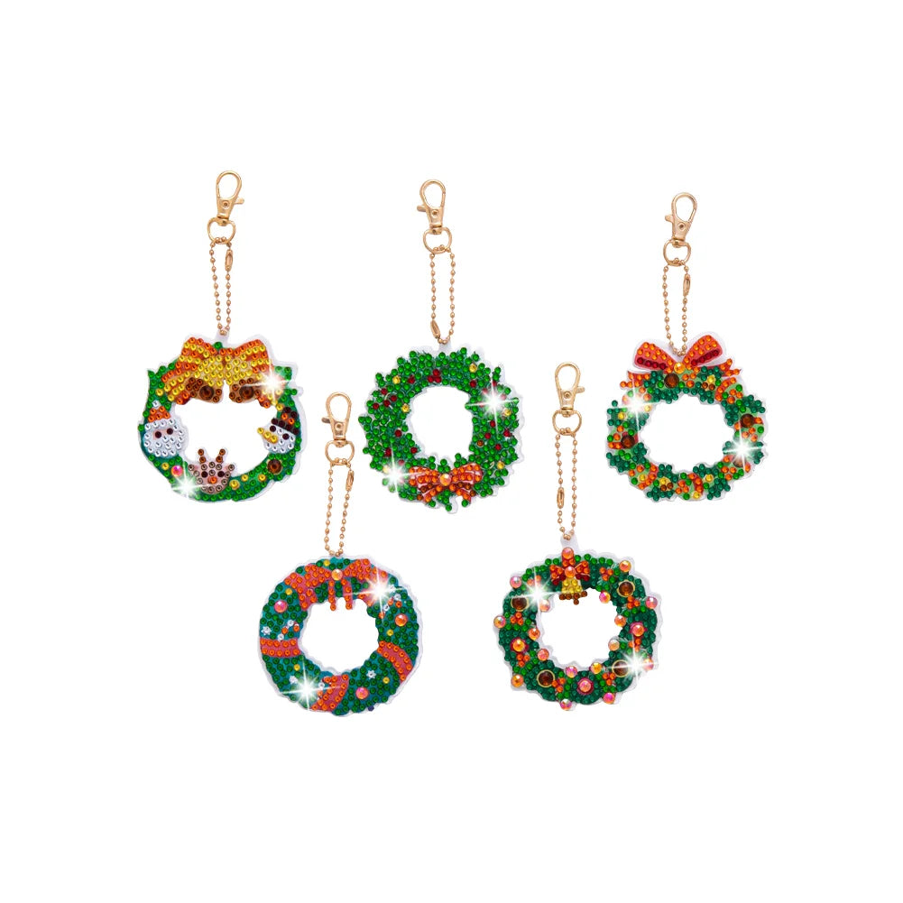 5Pcs Christmas Wreath Double Sided Diamond Painting Keychain