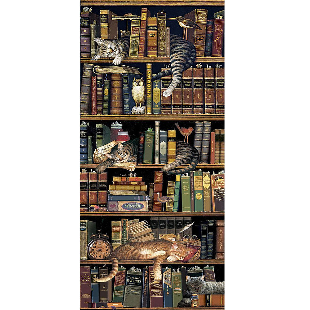 Lazy Cat On The Bookshelf-Full Drill Diamond Painting-40x80cm