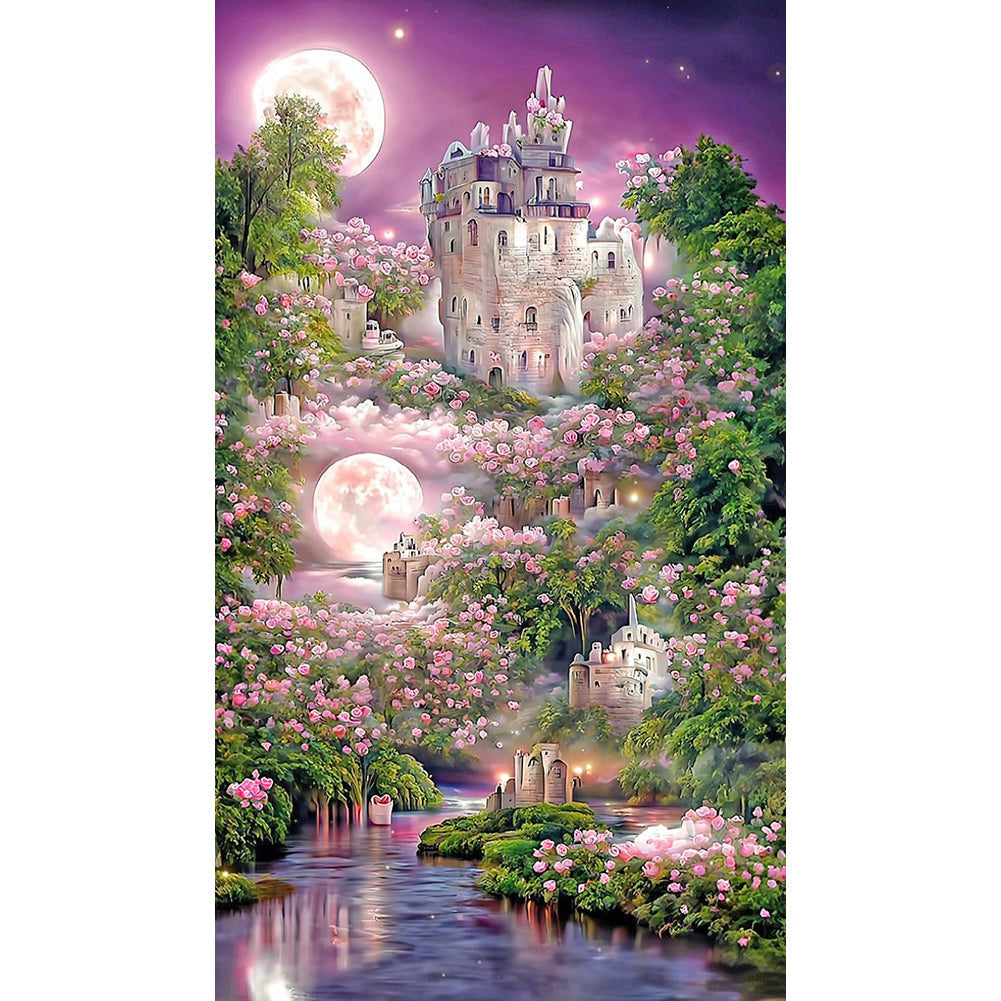 Pink Rose Castle Under The Moon-Full Drill Diamond Painting-40x70CM