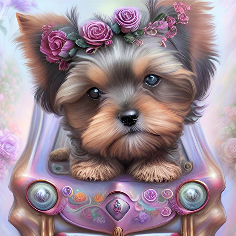 Flower Dog-Full Round Diamond Painting-30x30cm