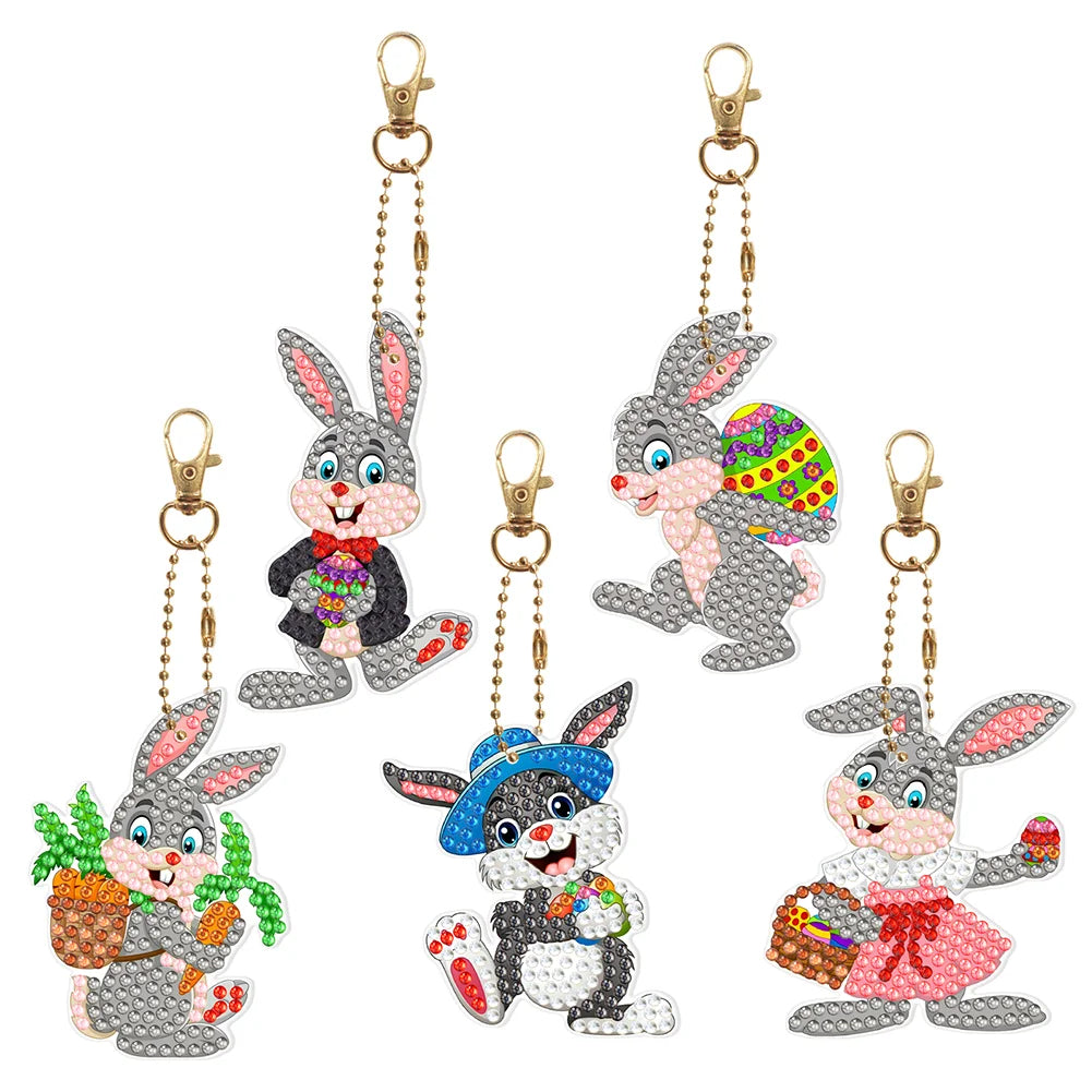 5pcs Easter Rabbit Double-Sided Drill Keychains